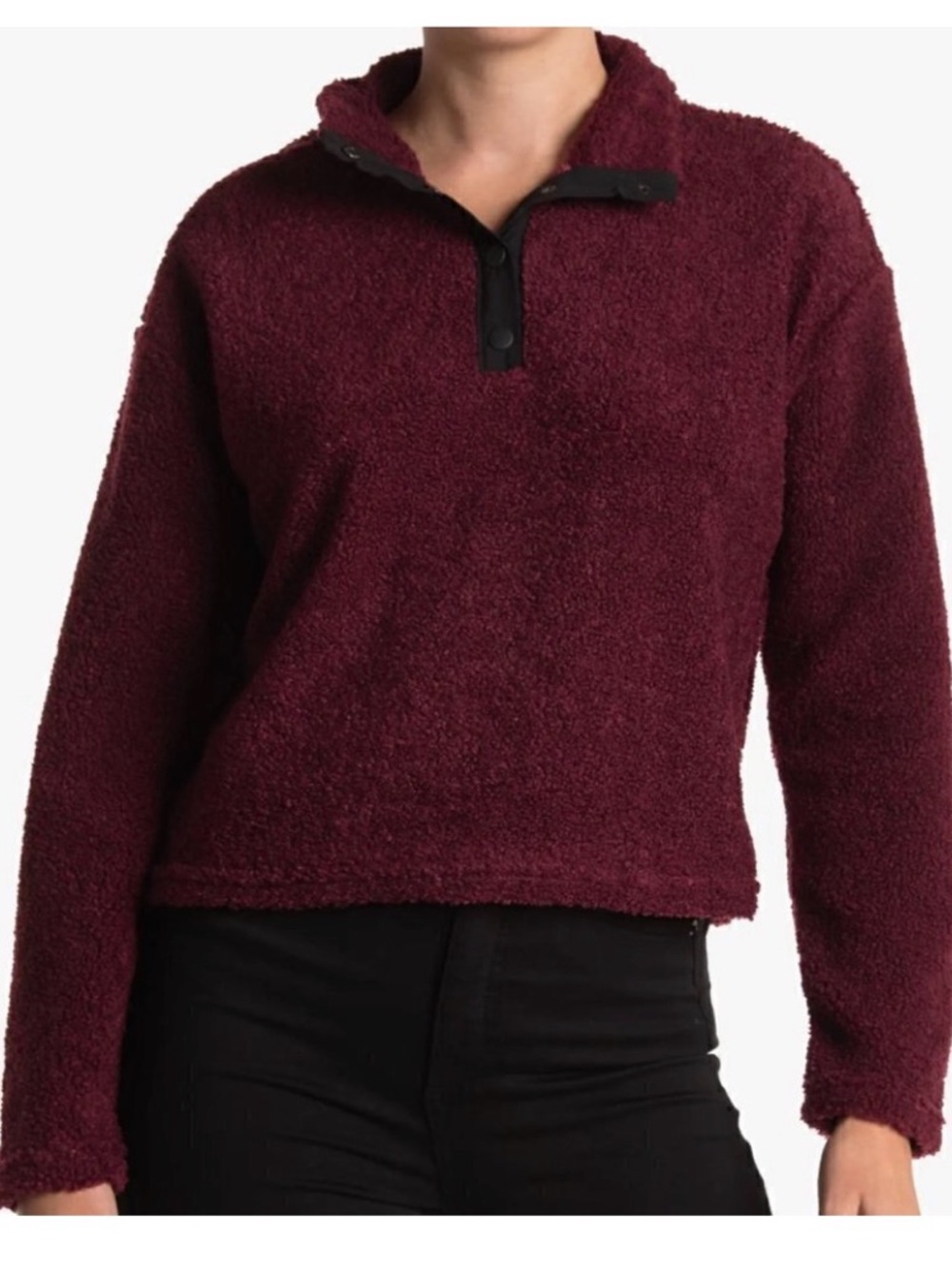 MARIKA Plush Teddy Pullover Sherpa Sweatshirt Half-Button in Deep Burgundy